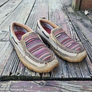 Twisted X Womens Slip-On Driving Mocs, Tan Leather, Multicolor Canvas, Size 6.5M